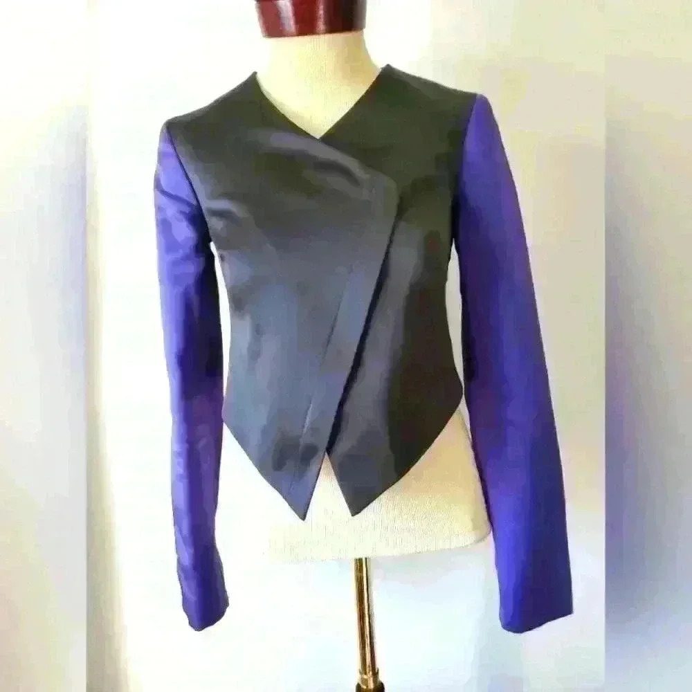RACHEL ROY colorblock asymmetrical cropped purple and black blazer. Size 0
